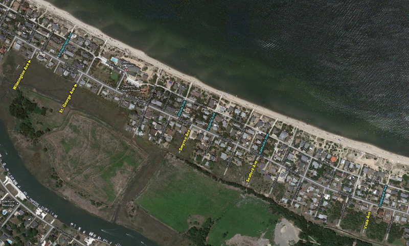 Lewes canal-side paper streets, shown in yellow, are under consideration by Mayor and City Council for use as parking space. Streets shown in blue are real streets that are close to paper streets. Homeowners on both the Lewes-Rehoboth Canal and Delaware Bay side of Cedar Street oppose the proposal, citing reasons such as increased noise, litter, public lewdness, loss of privacy and reduced property value. ARTWORK BY CHRISTOPHER FOSTER